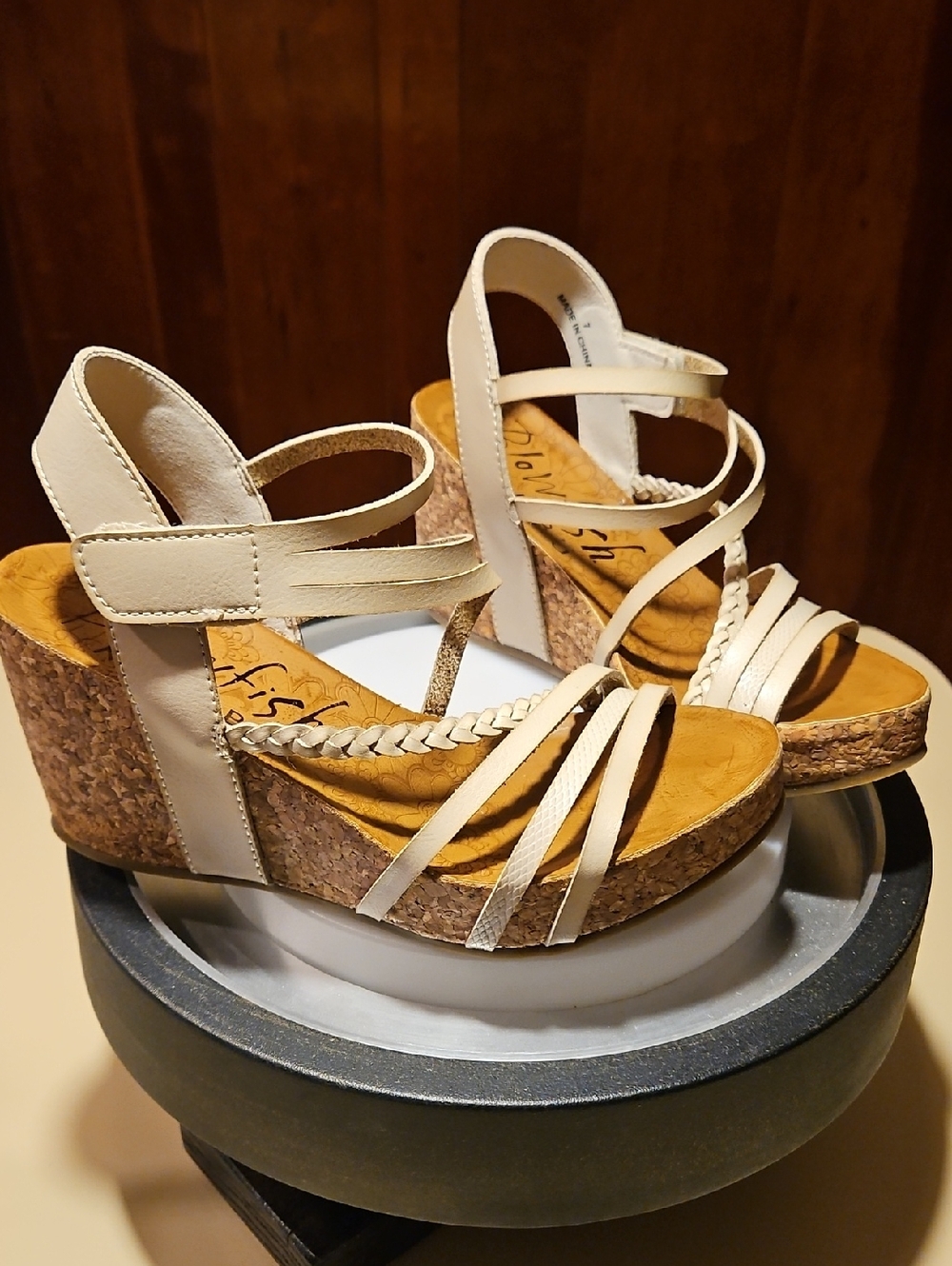 Neutral Cream Braided-Strap Cork Wedge Sandals